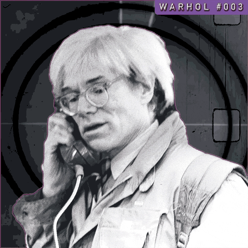 Andy Warhol in a public phone booth photography mixed with digital animated gif art