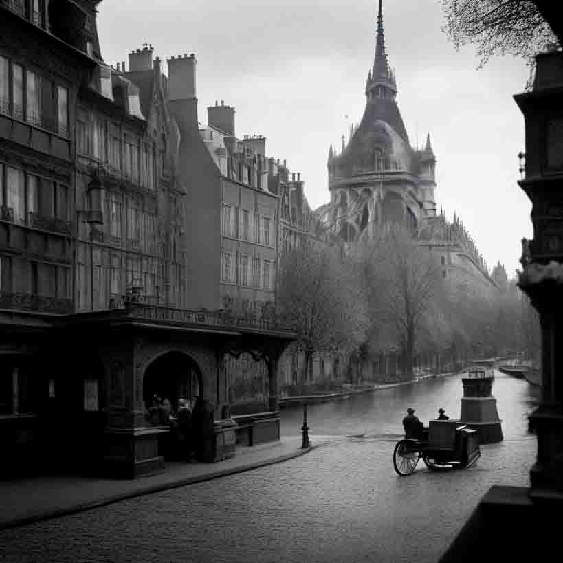 Black and white early 1900s photo of a carriage in Paris. The carriage is parked in front of a tall building with a dome.