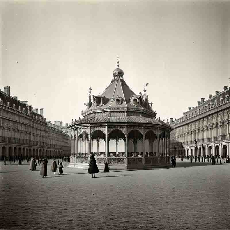 Black and white photo of a carousel in Paris. The carousel is surrounded by a crowd of people.