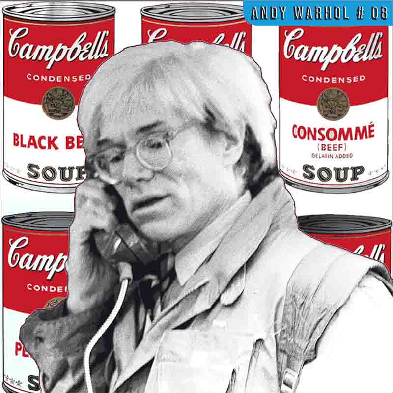 Andy Warhol in a public phone booth with Campbell Soup animation in the backgound