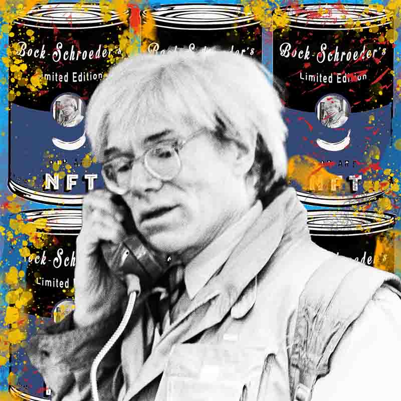 Andy Warhol in a public phone booth photography mixed with digital animated gif art