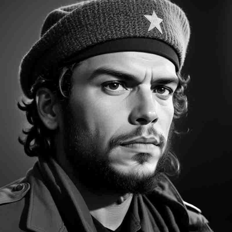 The famed black and white portrait of Ernesto Che Guevara perfectly re-captured by Artificial Intelligence. His intense stare and brooding good looks, helping establish his myth