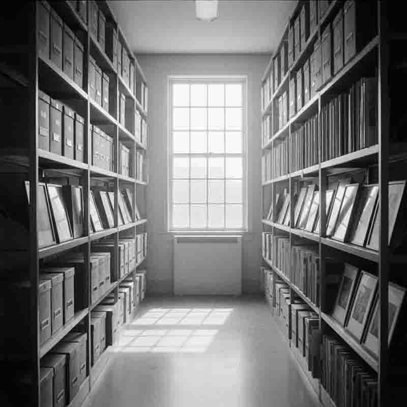 An interior photograph of the collection Bock-Schroeder photo archival storage room. Metal shelving units are filled with rows of framed black and white photographs, paper files, and cardboard boxes. Sunlight streams in from a large window in the back, illuminating the polished concrete floor