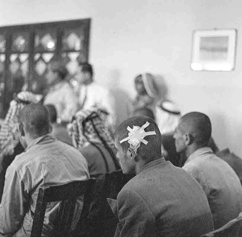 Defendant with head injury during a court hearing in Amman, Jordan 1958 after attempted military coup against King Hussein of Jordan