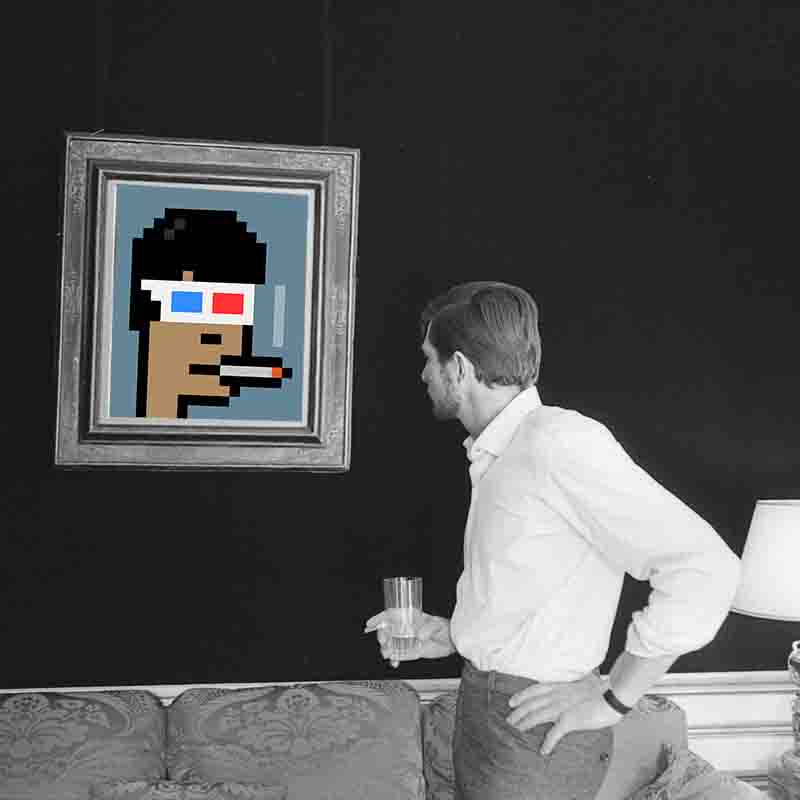Man examining artwork on wall depicting Crypto Punk #6046