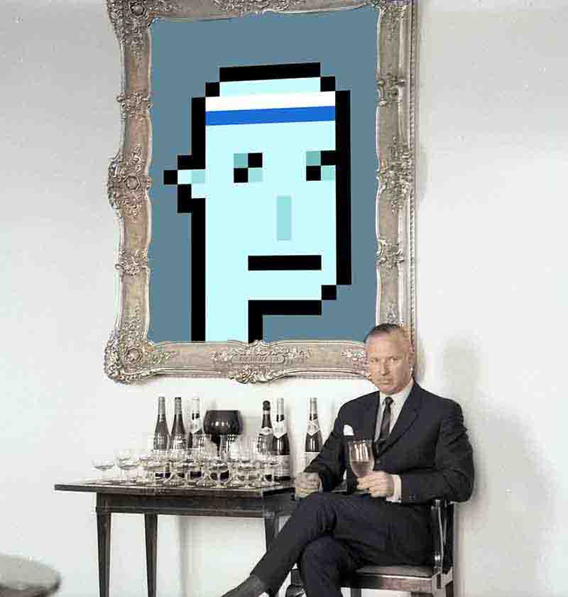 Man seated and drinking Champagne in front of a large scale print of a Crypto Punk print