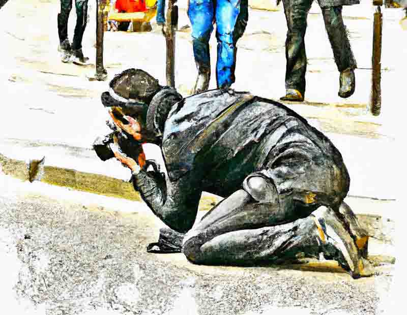 Watercolour drawing of multimedia artist Jans Bock-Schroeder taking a conceptual photo in Paris