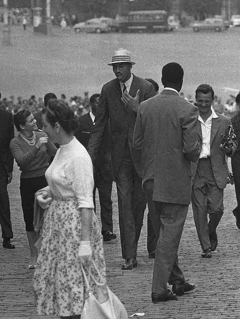 NBA Basketball Legend Wilt Chamberlain talking to fans on the streets of Moscow