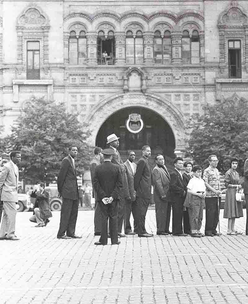 NBA Basketball Legend Wilt Chamberlain standing in line to visit the Lenin Mausoleum in Moscow